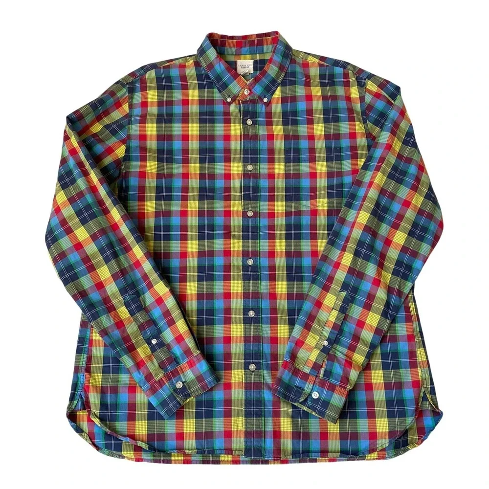 Lands End Canvas Madras Plaid Shirt Mens XL Multicolor Button Down Preppy
